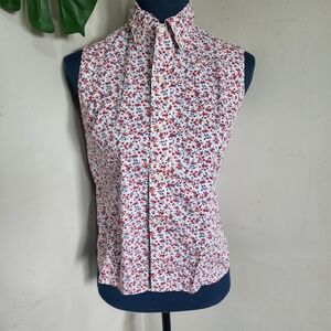 Vintage American Flag Print Sleeveless Button Down Shirt